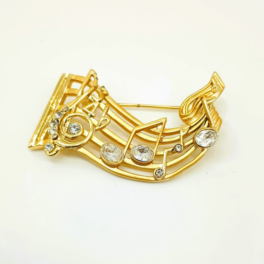 Musical Notes Brooch Pin. Gold Tone and Clear Rhinestones Teacher Gift